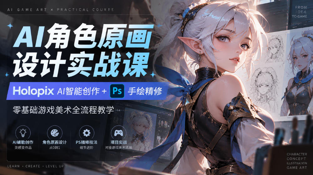 AI角色原画设计实战课｜Holopix AI智能创作+PS手绘精修，零基础游戏美术全流程教学