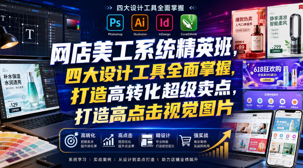 网店美工系统精英班，四大设计工具全面掌握，打造高转化超级卖点，打造高点击视觉图片(2026年7月)