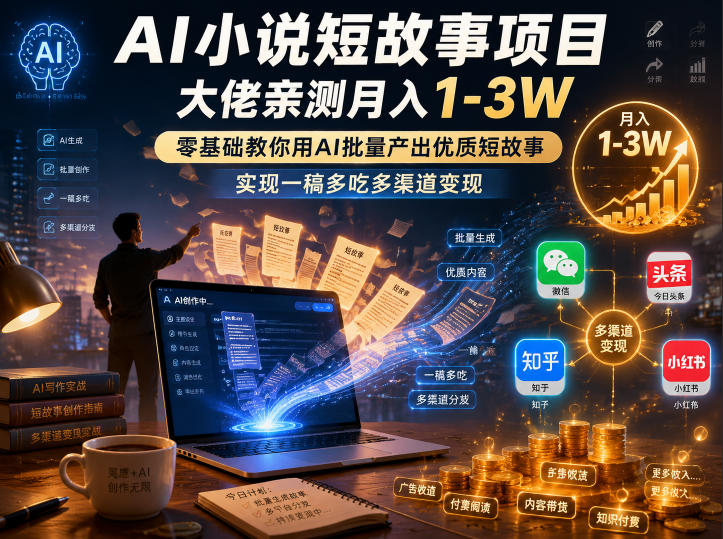 AI小说短故事项目,大佬亲测月入1-3W,零基础教你用AI批量产出优质短故事,实现一稿多吃多渠道变现(更新0824)