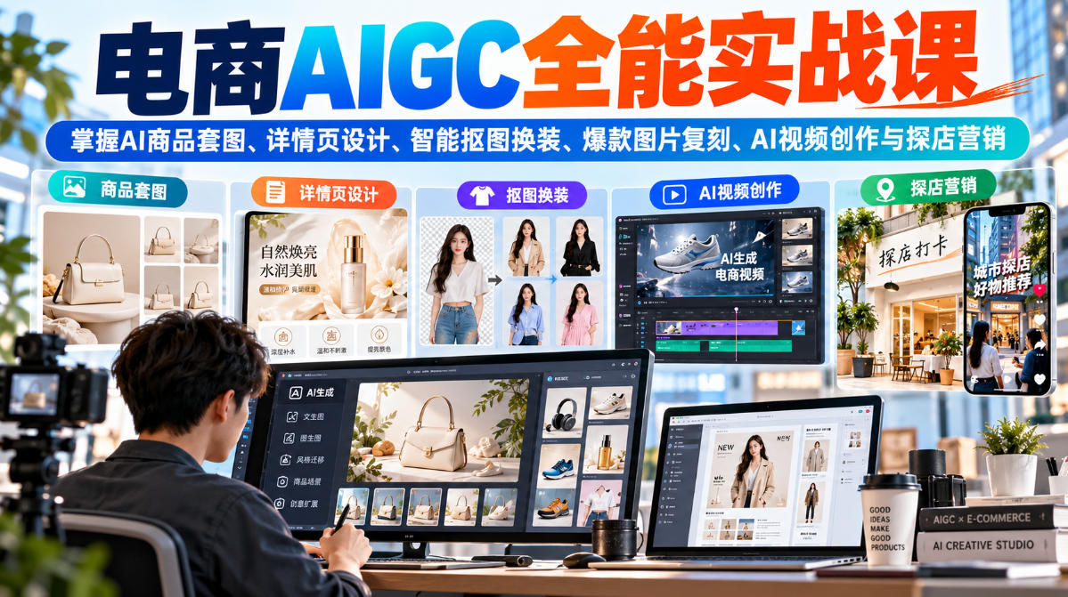 电商AIGC全能实战课：掌握AI商品套图、详情页设计、智能抠图换装、爆款图片复刻、AI视频创作与探店营销