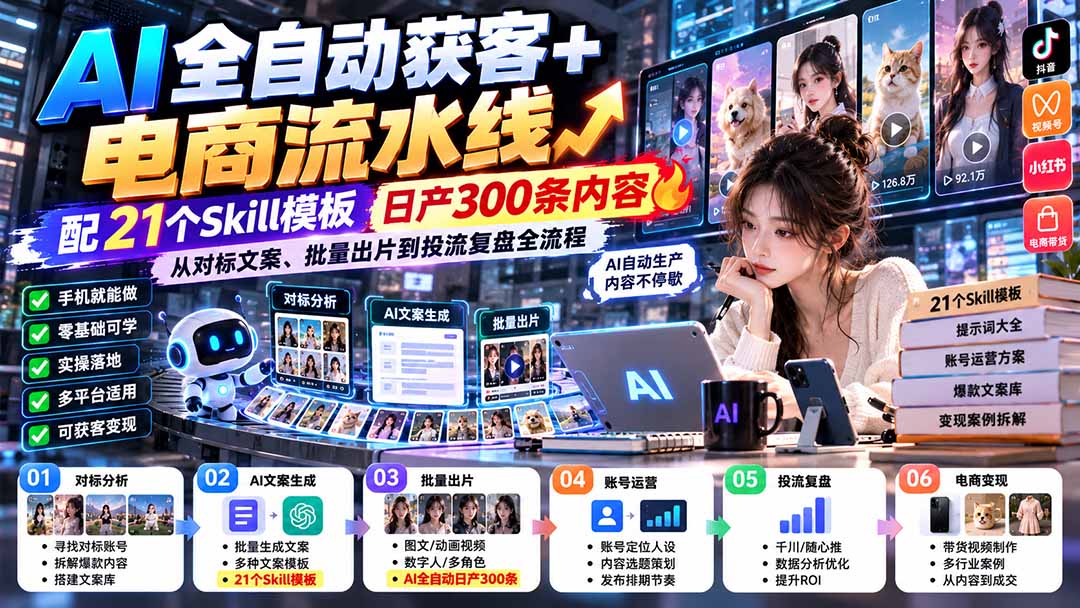 【无水印】AI全自动获客+电商流水线：配21个Skill模板，日产300条内容，从对标文案、批量出片到投流复盘全流程