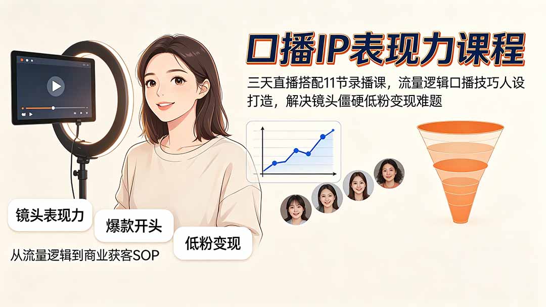 口播IP表现力课程｜三天直播搭配11节录播课，流量逻辑口播技巧人设打造，解决镜头僵硬低粉变现难题