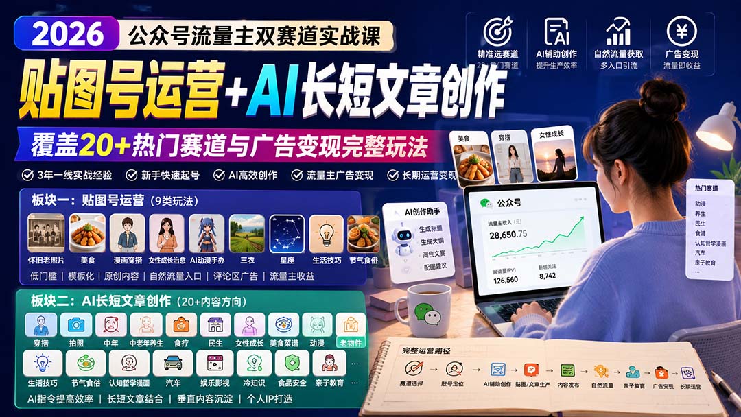 公众号流量主双赛道实战课：贴图号运营+AI长短文章创作，覆盖20+热门赛道与广告变现完整玩法