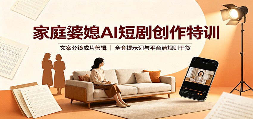 家庭婆媳AI短剧创作特训：文案分镜成片剪辑，全套提示词与平台潜规则干货