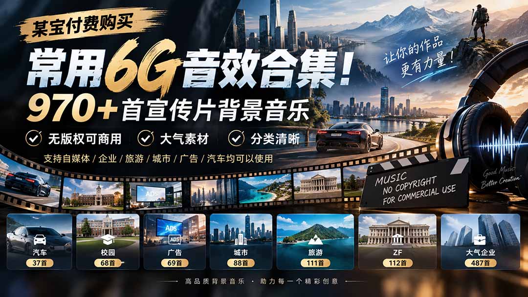 某宝付费购买，常用6G音效合集！970+首宣传片背景音乐，无版权可商用大气素材，分类清晰