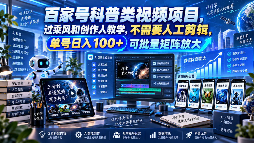 百家号科普类视频项目，过乘风和创作人教学，不需要人工剪辑，单号日入100+可批量矩阵放大
