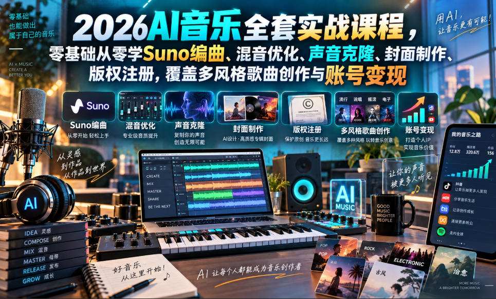 2026AI音乐实战课程，零基础从零学Suno编曲、混音优化、声音克隆、版权注册，覆盖多风格歌曲创作与账号变现