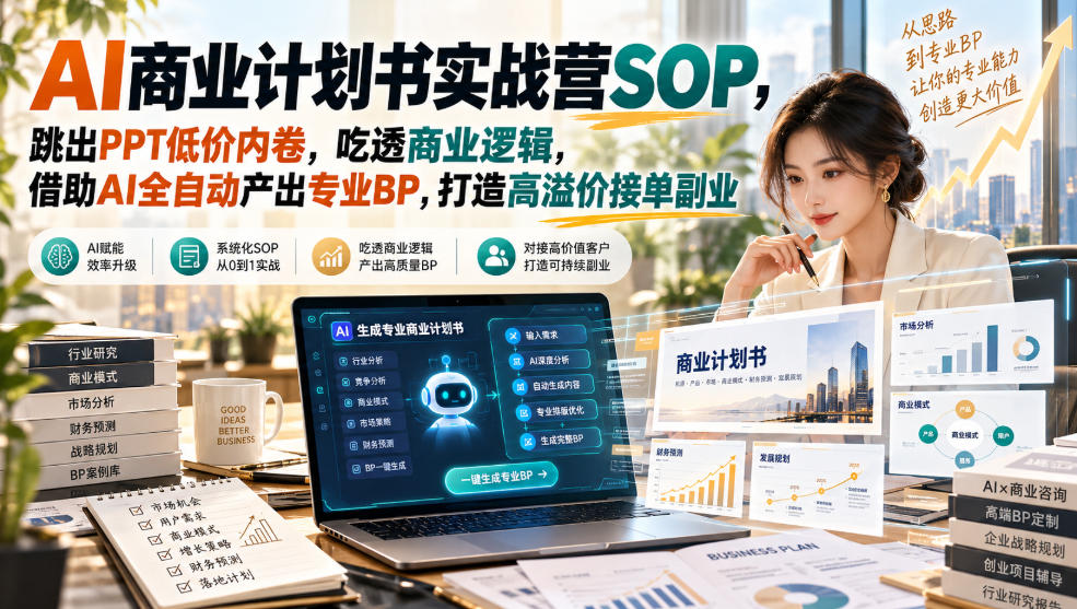 AI商业计划书实战营SOP，跳出PPT低价内卷，吃透商业逻辑，借助AI全自动产出专业BP，打造高溢价接单副业