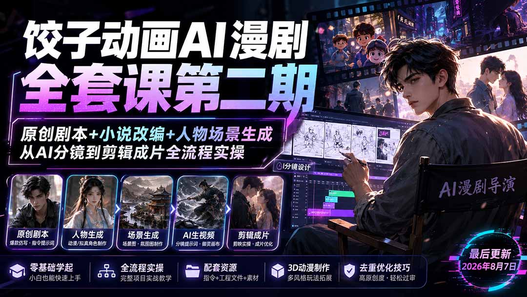 饺子动画AI漫剧全套课第二期：原创剧本+小说改编+人物场景生成，从AI分镜到剪辑成片全流程实操