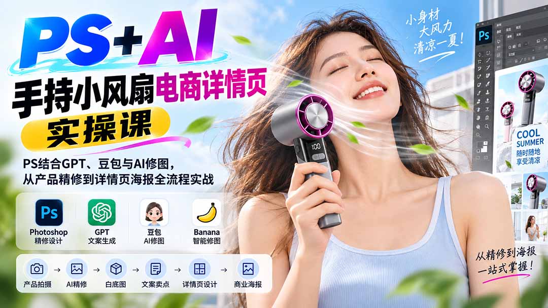 PS+AI手持小风扇电商详情页实操课：PS结合GPT、豆包与AI修图，从产品精修到详情页海报全流程实战