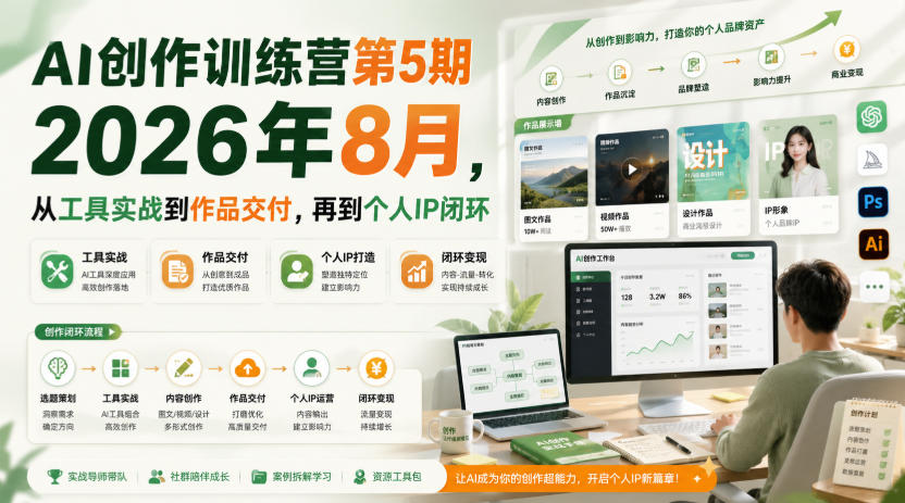 AI创作训练营第5期2026年8月，从工具实战到作品交付，再到个人IP闭环(更新0904)