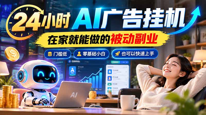 24小时AI广告挂机｜在家就能做的被动副业，门槛低，零基础小白也可以快速上手