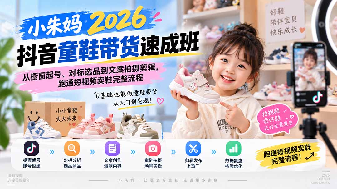 小朱妈2026抖音童鞋带货速成班：从橱窗起号、对标选品到文案拍摄剪辑，跑通短视频卖鞋完整流程