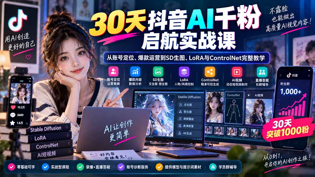30天抖音AI千粉启航实战课：从账号定位、爆款运营到SD生图、LoRA与ControlNet完整教学