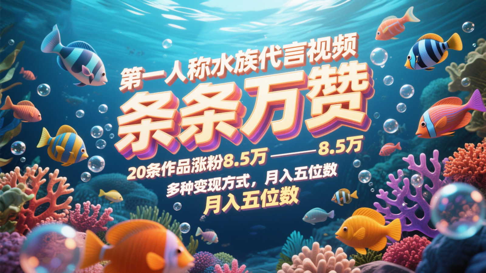 第一人称水族代言视频，条条万赞，20条作品涨粉8.5万，多种变现方式月，入五位数
