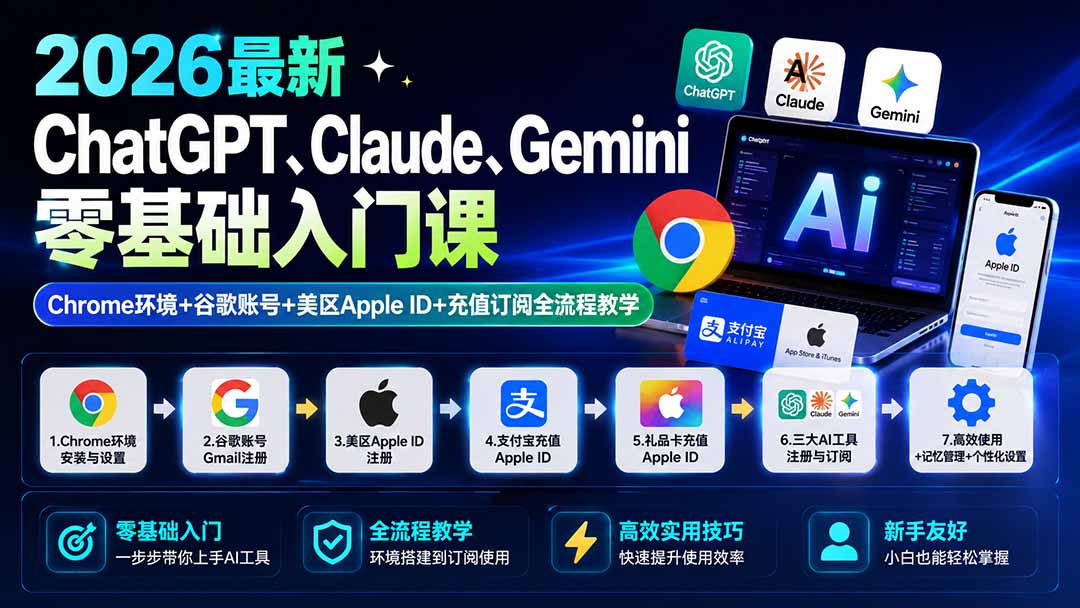 2026最新ChatGPT、Claude、Gemini零基础入门课：Chrome环境+谷歌账号+美区Apple ID+充值订阅全流程教学