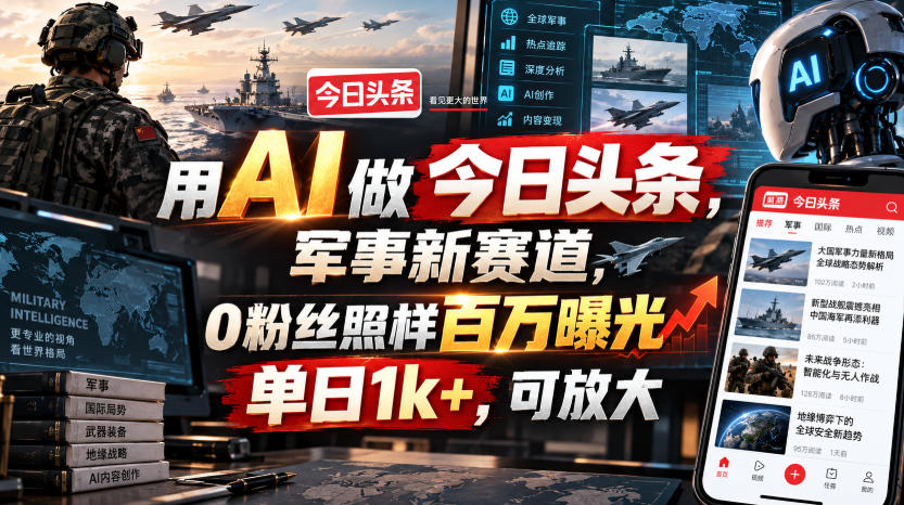 用AI做今日头条，军事新赛道，0粉丝照样百万曝光，单日1k+，可放大