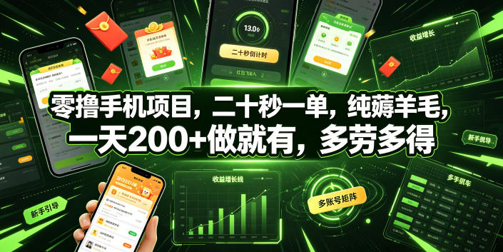 零撸手机项目，二十秒一单，纯薅羊毛，一天200+做就有，多劳多得【揭秘】