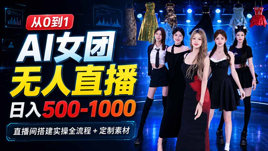AI 女团无人直播，躺入500-1000每天，直播间搭建实操全流程+定制素材