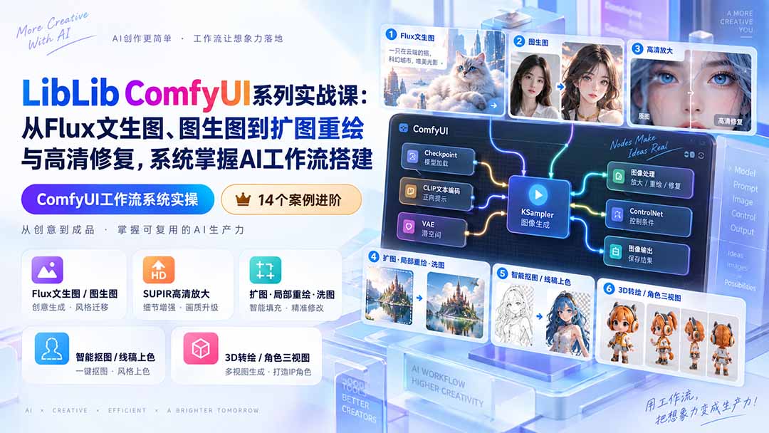 LibLib ComfyUI系列实战课：从Flux文生图、图生图到扩图重绘与高清修复，系统掌握AI工作流搭建