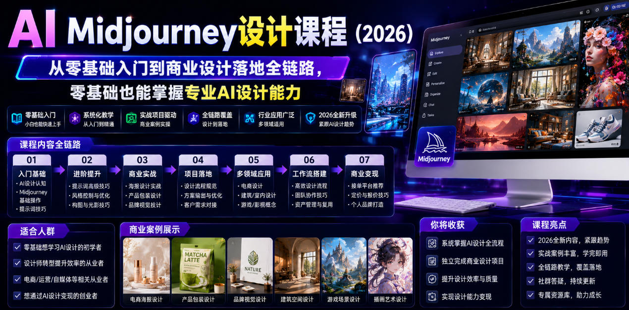 AI Midjourney设计课程(2026)，从零基础入门到商业设计落地全链路，零基础也能掌握专业AI设计能力(更新1007)