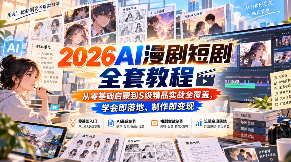 2026AI漫剧短剧全套教程，从零基础启蒙到S级精品实战全覆盖，学会即落地、制作即变现