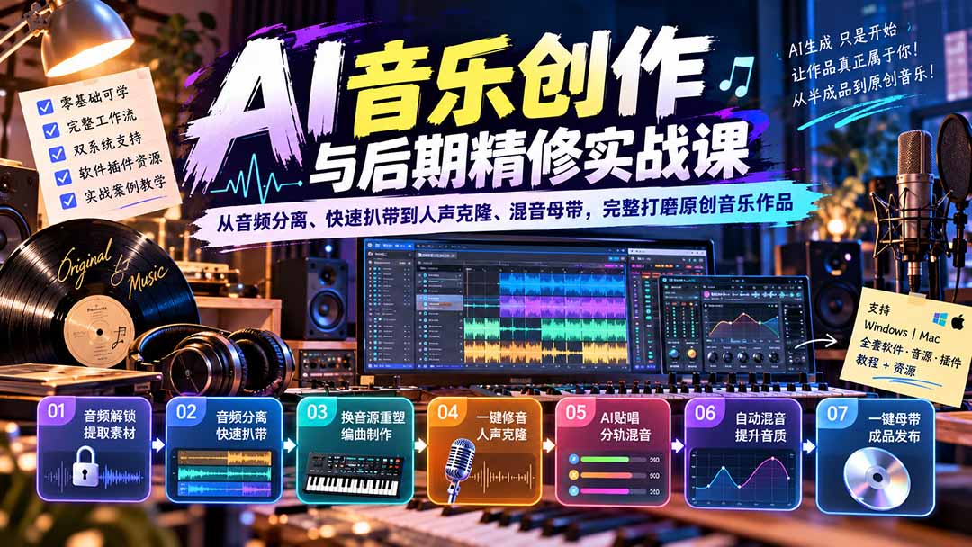 AI音乐创作与后期精修实战课：从音频分离、快速扒带到人声克隆、混音母带，完整打磨原创音乐作品
