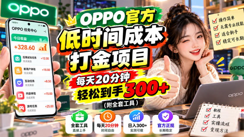 OPPO官方低时间成本打金项目，每天20分钟，轻松到手300+(附全套工具)【揭秘】